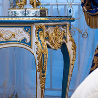 Bureau d'étude classique antique victorien en bois sculpté bleu et doré avec chaise de bureau victorienne, mobilier de bureau royal pour la maison
