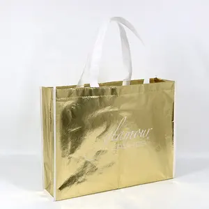Изготовленная на заказ металлическая Золотая Нетканая сумка для покупок сумка с белым логотипом