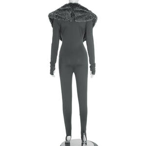 Sexy Modischer Fellkragen-Jumpsuit für Damen Herbst Winter Trend Tiefer Ausschnitt Langarm Figurbetont Party-Overall - Product Image 3