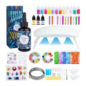 TOYSRUNNER Kit DIY d'art en résine fait main, Résine UV pour bijoux, Lampe LED transparente, Moules en silicone, Paillettes, Feuilles, Fleurs, Pendentifs - Product Image 1