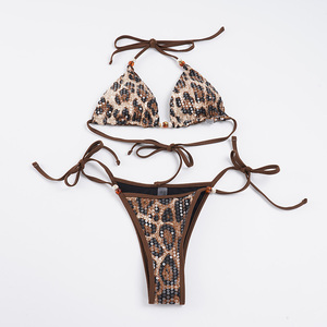 ชุดบิกินี่เซ็กซี่ลายเสือดาวประดับเลื่อมแบบ Y2K ทรงสามเหลี่ยมดันทรง สายผูกคอ ช่วงบนเหนือเข่า แบบ 2 ชิ้น เหมาะสำหรับใส่ไปทะเล - Product Image 3