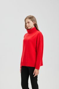 Pull à col roulé rouge pour femme, manches longues, tricoté, décontracté, pour l'hiver, 100% acrylique, anti-boulochage - Product Image 3