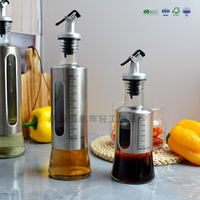 Bouteille Distributrice d'Huile d'Olive en Acier Inoxydable et Verre avec Marquages de Mesure, Bec Verseur Anti-Fuite pour la Cuisine