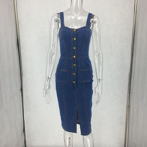 <span class=keywords><strong>Abito</strong></span> in <span class=keywords><strong>Jeans</strong></span> Blu Stile Europeo e Americano con Bottoni e Spacco per Donna - Product Image 6