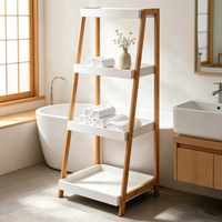 Étagère de salle de bain autoportante en bambou à 4 niveaux, panier de douche étanche, organisateur gain de place pour articles de toilette