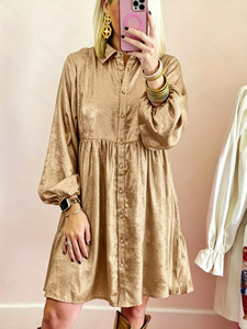 Robe chemise en satin SWEET BABE, taille empire, manches bouffantes, boutonnée devant, coupe ample, longueur midi, couleur unie, pour usage quotidien, robe décontractée - Product Image 2
