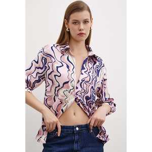 Chemise basique à effet ondulé pour femme, chemisier en popeline boutonné, imprimé rose, à porter au quotidien - Product Image 3