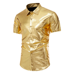 Herrenmode <span class=keywords><strong>Disco</strong></span>-<span class=keywords><strong>Hemd</strong></span> lässig Kurzarm-T-Shirts Revers-Ausschnitt Herren Sweat Nachtclub-Shirts - Product Image 3