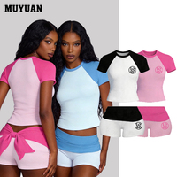 Ensemble 2 pièces d'été 2026 pour femme, couleur unie, logo personnalisable, design respirant, style mignon, nœud large, ensembles courts, OEM ODM