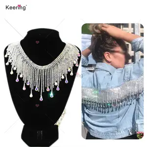 Keering-cadena con flecos de Cristal AB para mujer, chaqueta vaquera negra de plata, con estrás