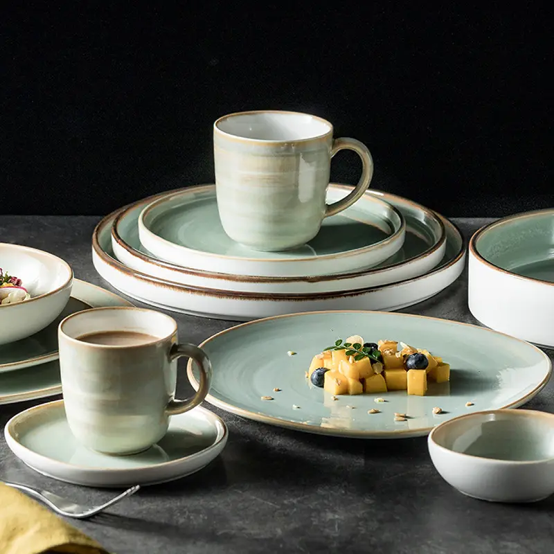 Light Luxury Retro Ceramic Gradient Green Steak Plates Irregular Home Dinnerware