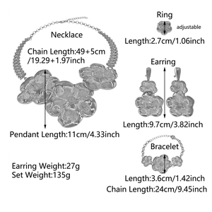 Silver-Tone Textured Flower Jewelry <strong>Chunky</strong> Chain Necklace Bracelet Earrings Ring Statement Jewelry for African Fashion &amp; Events - Product Image 6