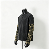 T-shirt Henley à manches longues pour homme, noir délavé, imprimé camouflage, 100% coton, 320g, coupe oversize, style streetwear, personnalisable OEM/ODM