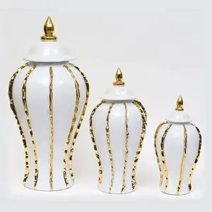 Роскошная Большая Керамическая Имбирная ваза с крышкой для цветов, Золотая полосатая декоративная ваза для цветов, оптовая продажа, ваза для цветов, домашний декор
