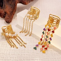 Goldener Perlen-Quastenring, extravaganter Statement-Quasten-Offenring, goldener Edelstahl-Fransen-Hänge-Ring mit breitem Band, Geschenk für Sie