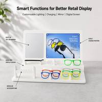Présentoir à lunettes modulaire blanc à deux niveaux avec miroir d'essayage intégré, panneau d'affichage interchangeable et barre d'accessoires pour comptoir