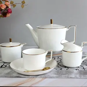 china wholesale gold rim Bone china drinkware ceramic tea pot set tea cup and saucer sets bone china