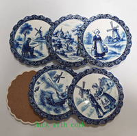 Sous-plat en céramique bleu Delft, motif campagne hollandaise, moulin à vent en relief 3D, style ferme, résistant à la chaleur, avec support en liège