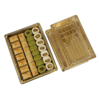 Lebensmittelechte PET-Gold-Kunststoff-Verpackungsbox für Gebäck und Süßigkeiten, Baklava-Serviertablett, Ramadan-Zubehör, Großhandel Catering-Box mit Deckel