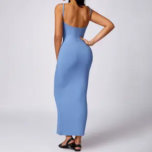 Ab/abd bayanlar boş renkler yumuşak sıkı uzun uzunluk nervürlü tekli elbise Backless seksi Rayon paketi kalça temel elbiseler