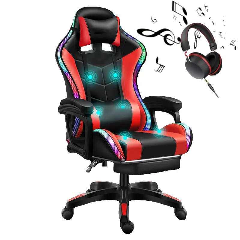 High quality and good material with sound and massage and RGB lights super dazzling game chair with footrest