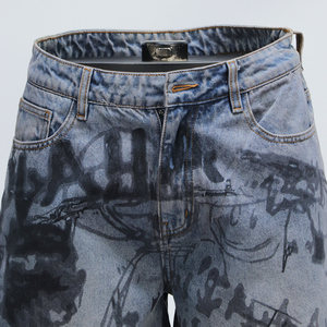Spray Paint Design Vintage Washed Blue Streetwear Baggy Jean Jorts Graffiti Print Denim <strong>Shorts</strong> with Frayed Hem - Product Image 2