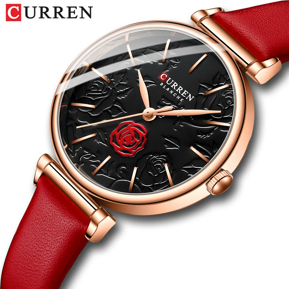 2022 CURREN 9078 Red Watches for Women Charming Flowers Dial Quartz Wristwatch for Dress Style Ladies Leather Clock