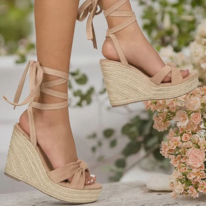 Sandales <span class=keywords><strong>compensées</strong></span> d'espadrille conçues par un fabricant personnalisé de mode d'été couleur abricot talon moyen Peep Lace-up Front Knot Front Tie - Product Image 2