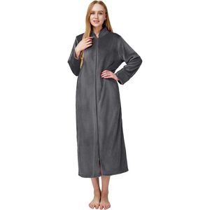 Sioro Albornoz de lana para mujer con cremallera larga y bolsillos, ropa de dormir cálida, tallas S-XL - Product Image 1
