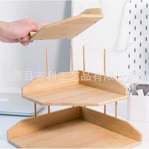Organisateur de bureau d'angle en bois massif à trois niveaux, étagère de rangement autoportante polygonale pour l'organisation du bureau - Product Image 2