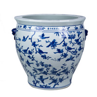 Grand vase de sol en céramique émaillée bleu et blanc de Jingdezhen, motif paysager, poignées en forme de chien Foo, décoratif, écologique, fait main, 5-15L