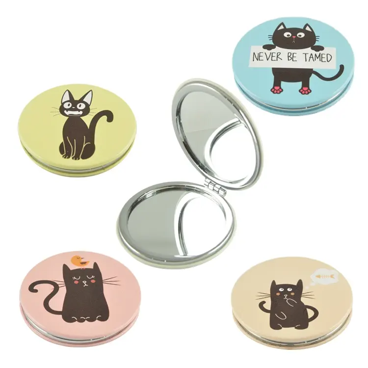 Custom New Personalized PU Leather Mini Cat Mirror Round Folding Portable Pocket Makeup Mirror Mirrors For Souvenir Gift