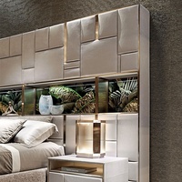 Lit double de luxe léger avec cadre en bois de chêne et cuir véritable, rangement intégré, tailles personnalisables, lit de mariage haut de gamme, grand écran capitonné