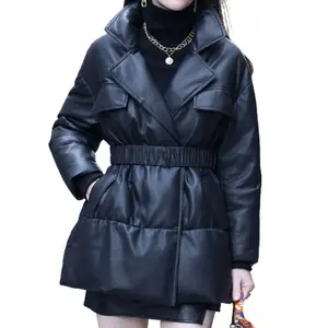 新款修身女式外套和夹克长腰带外套风衣羽绒服女式羊皮皮夹克