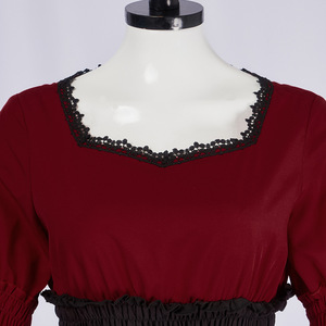 Costume d'Halloween gothique pour femme, robe bordeaux à taille smockée, manches cloche, encolure en dentelle, ourlet mousseline, taille adulte - Product Image 6
