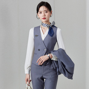 Women's Gray Suit Vest Set Slim Fit Solid Color Polyester Hotel Receptionist Uniform Bank Staff Professional Wear - Product Image 1