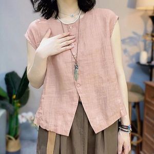 Women's Linen Sleeveless Vest Apricot Pink Gray Navy Blue Breathable Woven Round Neck Single Breasted Summer Top - Product Image 1