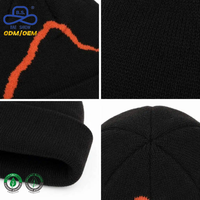 Bonnet tricoté noir personnalisé avec logo, motif montagne orange jacquard, revers plié, hiver, extérieur, unisexe, vente en gros