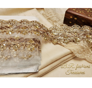 Bordure en organza artisanale indienne de 2 pouces de large avec fil métallique et broderie de perles de verre pour sari de mariage - Product Image 1
