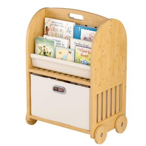 Modern Design Bamboo Montessori 3-Tier Kids Bookshelf with Safe <b>Wheels</b> and Large Storage Drawer for School and Bedroom Use - Product Image 6