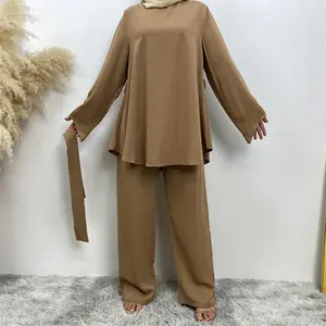 OEM Customized Muslim Fashion Women's Clothing Fashion Simple Atmosphere Set Islamic Wide Leg Pants Muslim Lace-up Suit