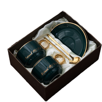 Ensemble tasse à café, soucoupe et cuillère en céramique de Chine, vert foncé avec bord doré, cadeau idéal pour la maison, le bureau, les mariages et les célébrations