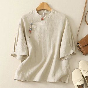 Nuova camicia in cotone stile cinese camicia estiva retrò ampia camicetta <span class=keywords><strong>con</strong></span> abbottonatura obliqua <span class=keywords><strong>con</strong></span> bottoni annodati <span class=keywords><strong>con</strong></span> collo mandarino - Product Image 4