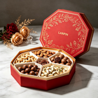Boîte cadeau octogonale en carton rigide écologique avec plusieurs compartiments, couvercle floral gaufré à la feuille d'or personnalisée, série noix, pour aliments