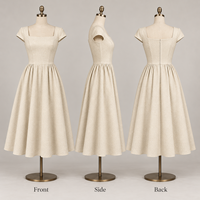Robe Midi Femme Marque Privée, Tissée, Jupe Froncée, Col Carré, Manches Courtes, Taille Cintrée, Coupe Trapèze, pour Occasions Spéciales
