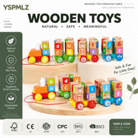 Train en bois à tirer en 4 sections avec 26 blocs alphabet en bois de frêne, blocs de construction éducatifs pour l'apprentissage précoce des enfants