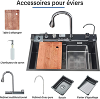 Évier de cuisine intelligent multifonction en acier inoxydable noir de luxe avec cascade moderne