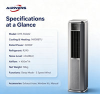Aire Acondicionado Portátil Airwens 14000 BTU, Frío/Calor, Bajo Ruido, Ahorro de Energía, con Ruedas Integradas para Casas de Alquiler