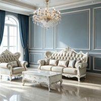 Ensemble de canapés en cuir et bois massif sculpté de style classique européen, mobilier de salon de luxe de style français, vente en gros pour villas et hôtels OEM ODM