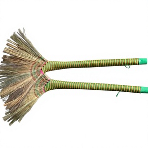 Eco-Friendly Handmade Grass <b>Broom</b> Soft Waterproof Lightweight Strong Long-Lasting Flagged Bristle Adjustable Height 35-44in | - Product Image 1